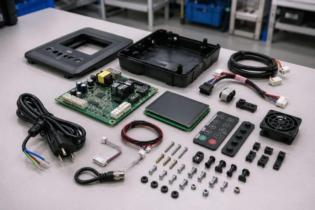 Electro-mechanical box build assembly components including PCBA, enclosure, cables, connectors, and mechanical parts