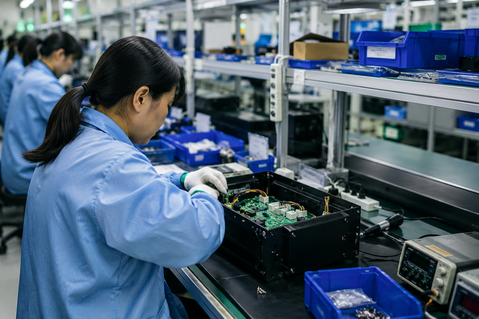 Box build assembly for electronic products with PCBA, enclosure, cables, and final product integration