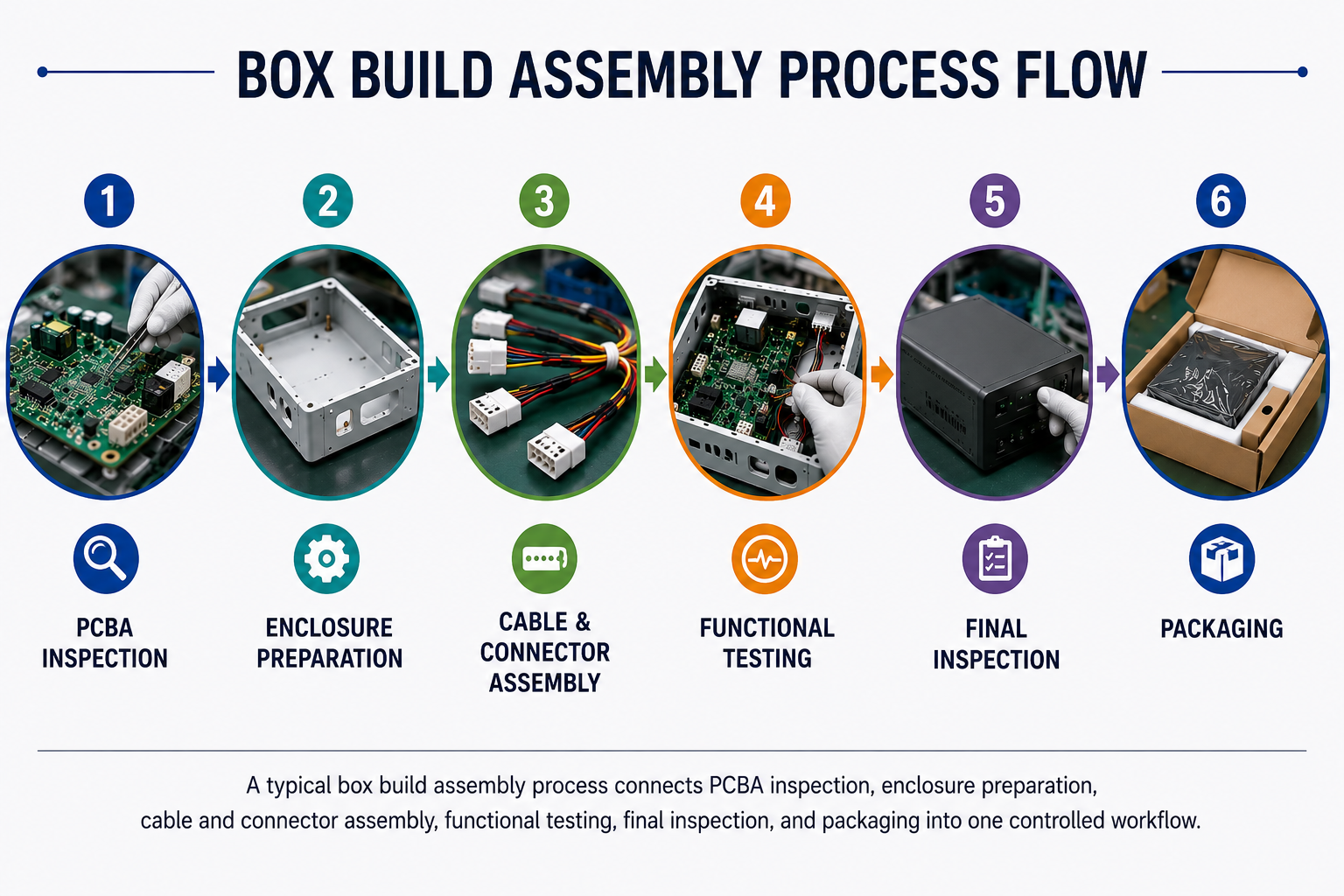 Box build assembly process flow from PCBA inspection to enclosure preparation, cable and connector assembly, functional testing, final inspection, and packaging