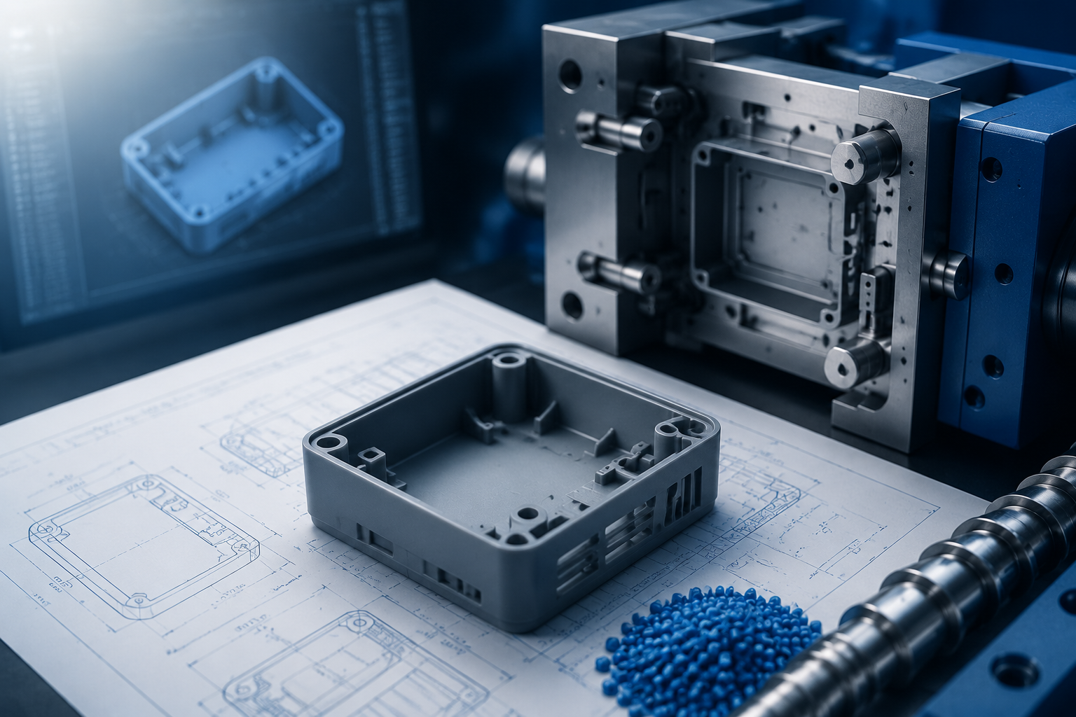 DFM reduces electronic manufacturing risks: PCB and injection molded enclosure in industrial setting.
