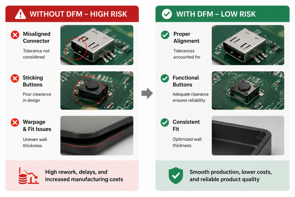 DFM reduces risks: Electronics, mechanical, and test teams collaborating early in one-stop workflow.