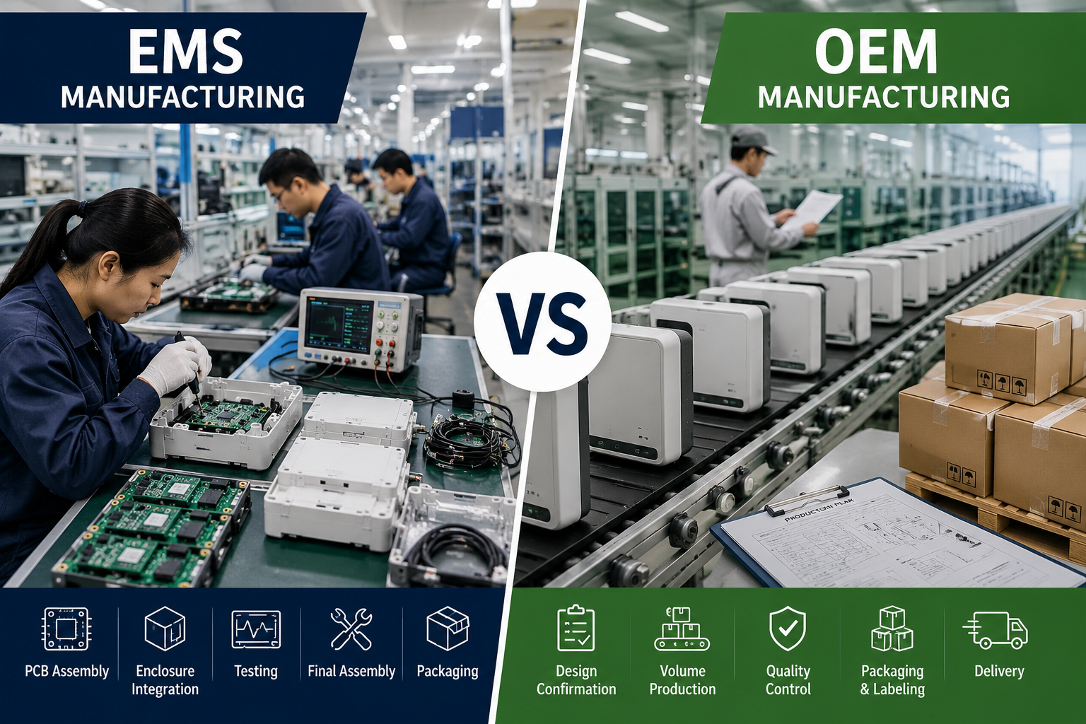 EMS vs OEM Manufacturing comparison for electronics production, assembly, testing, packaging, and delivery