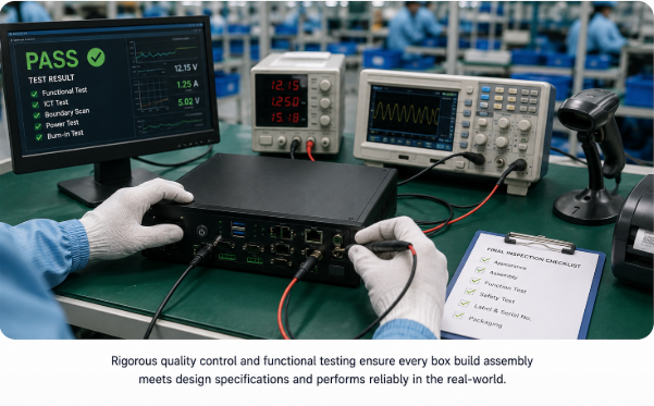 Functional testing during box build assembly to verify complete electronic product performance before shipment
