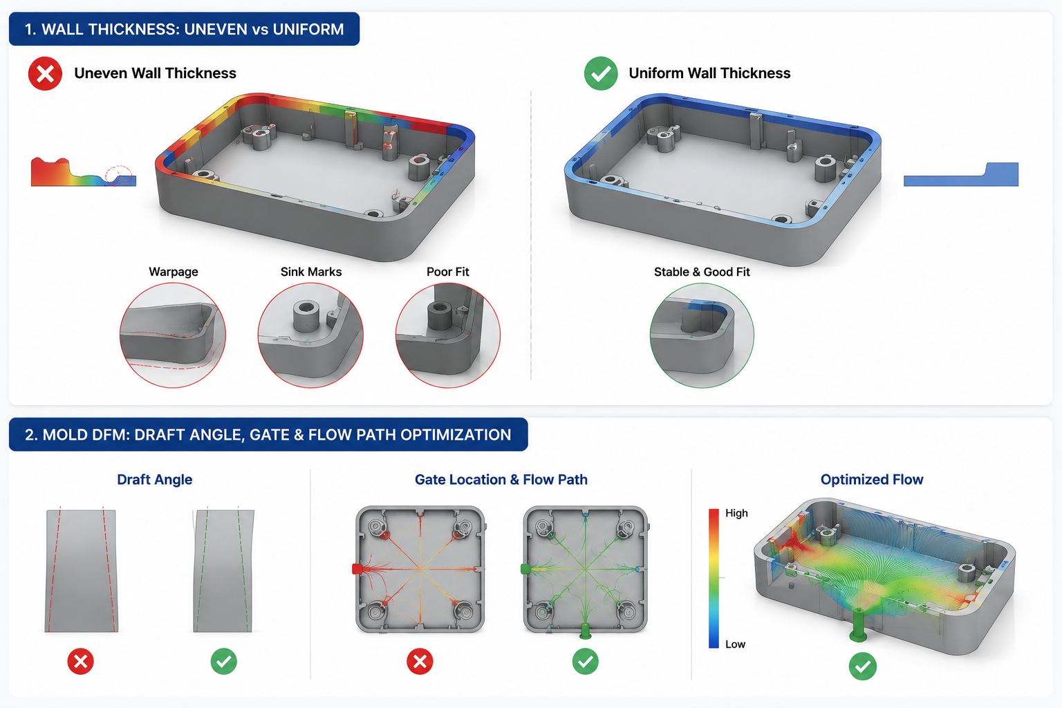 DFM reduces injection molding risks: uneven vs uniform wall thickness, draft angle, gate location, and flow path optimization.