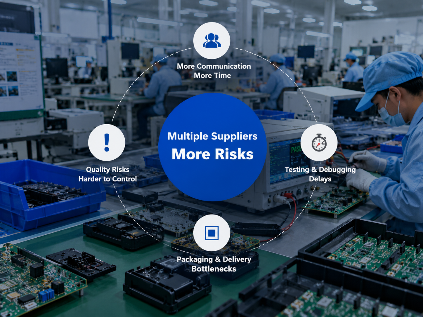 Integrated electronics manufacturing workflow showing supplier coordination, quality risks, testing delays, and packaging delivery challenges