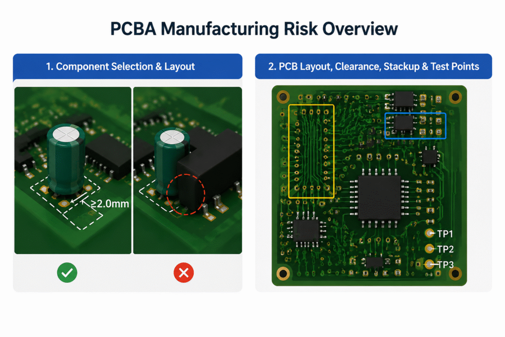 DFM reduces PCBA risks: component layout, PCB routing, and test point overview.