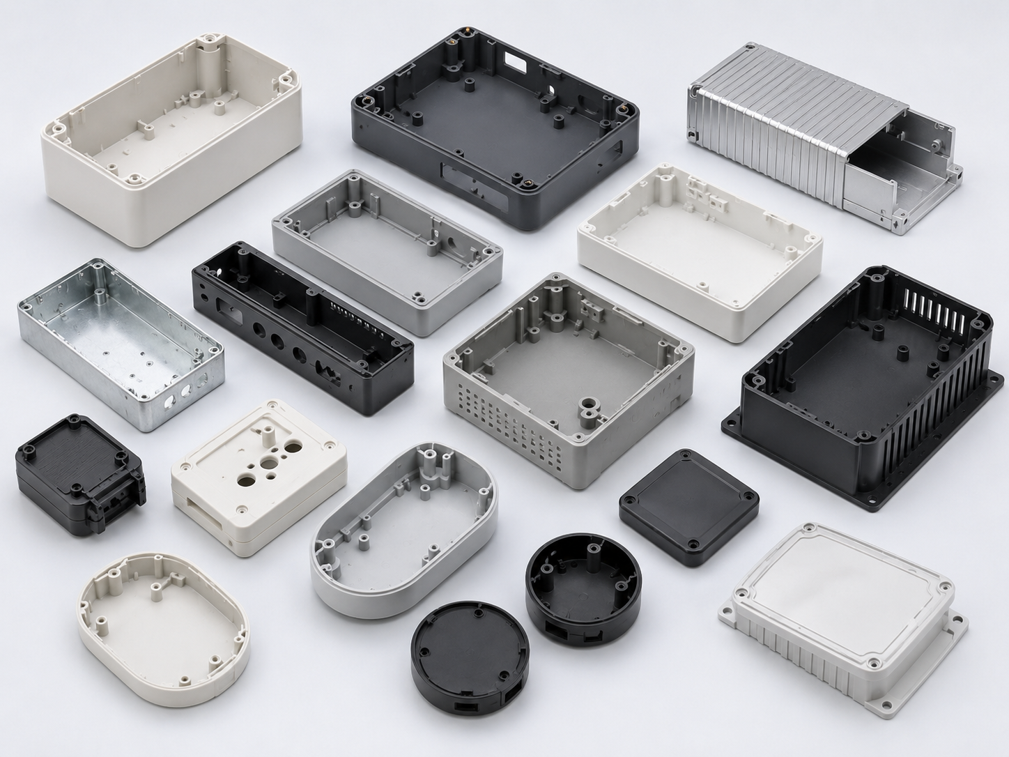 Assembly-ready housing parts with screw bosses and PCB mounting posts