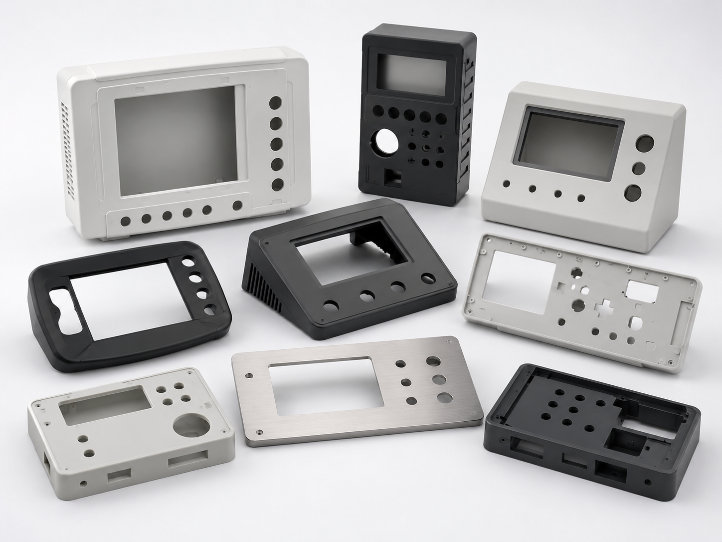 Control panel housings with display windows and button areas