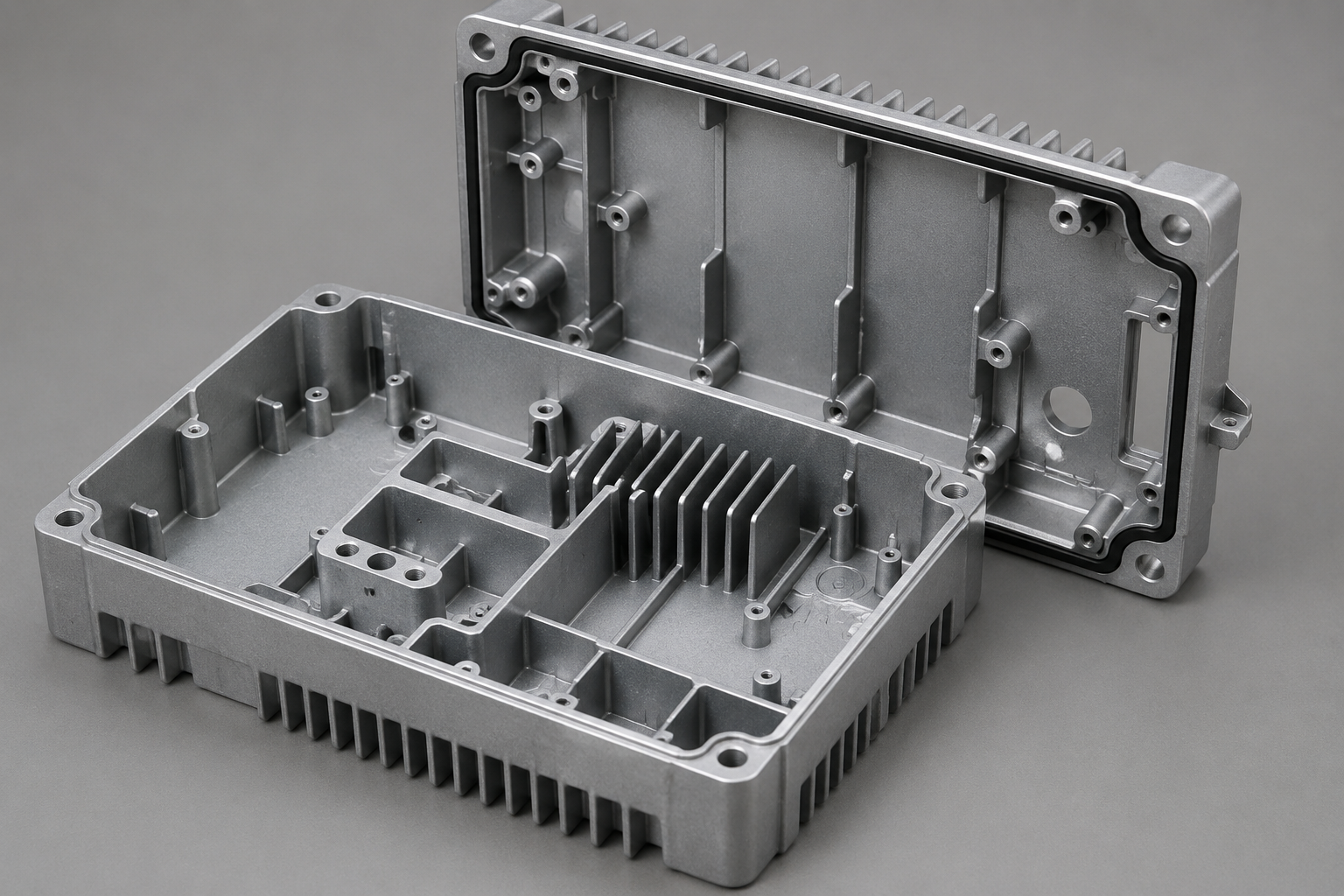 Die cast enclosure structure with ribs and screw bosses