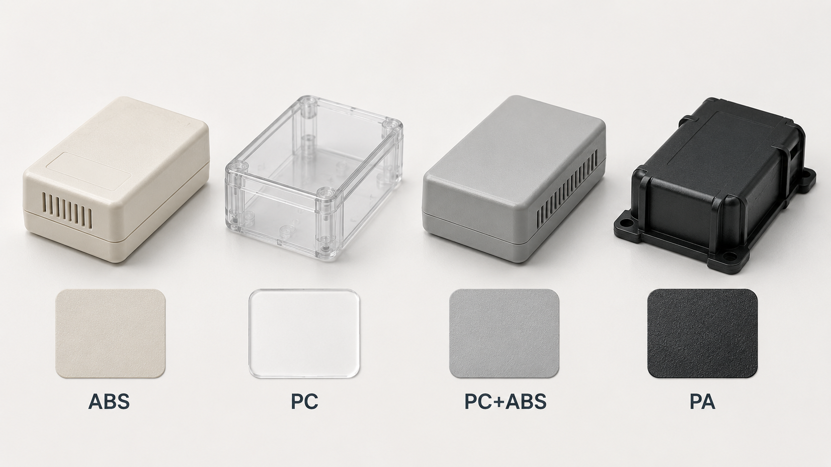 Electronic enclosure materials comparison of ABS PC PC+ABS and PA plastic housings