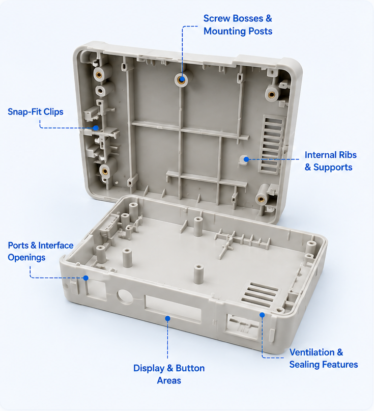 Custom electronic enclosure manufacturing design details with screw bosses ribs ports and sealing features