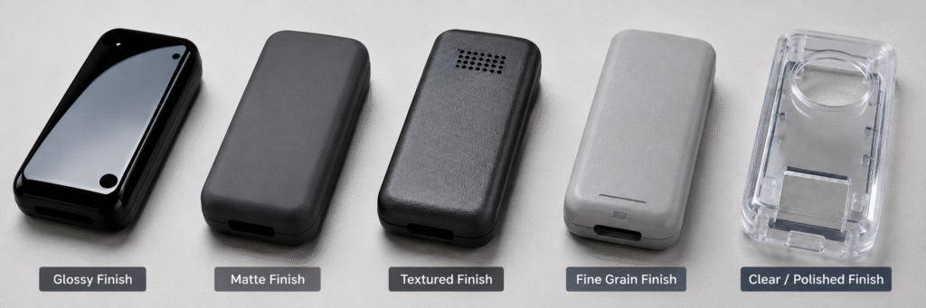 Injection mold surface finish options for plastic electronic enclosures
