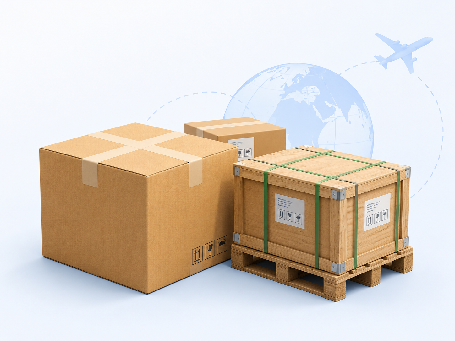 Electronics packaging and shipping support with carton box and wooden crate