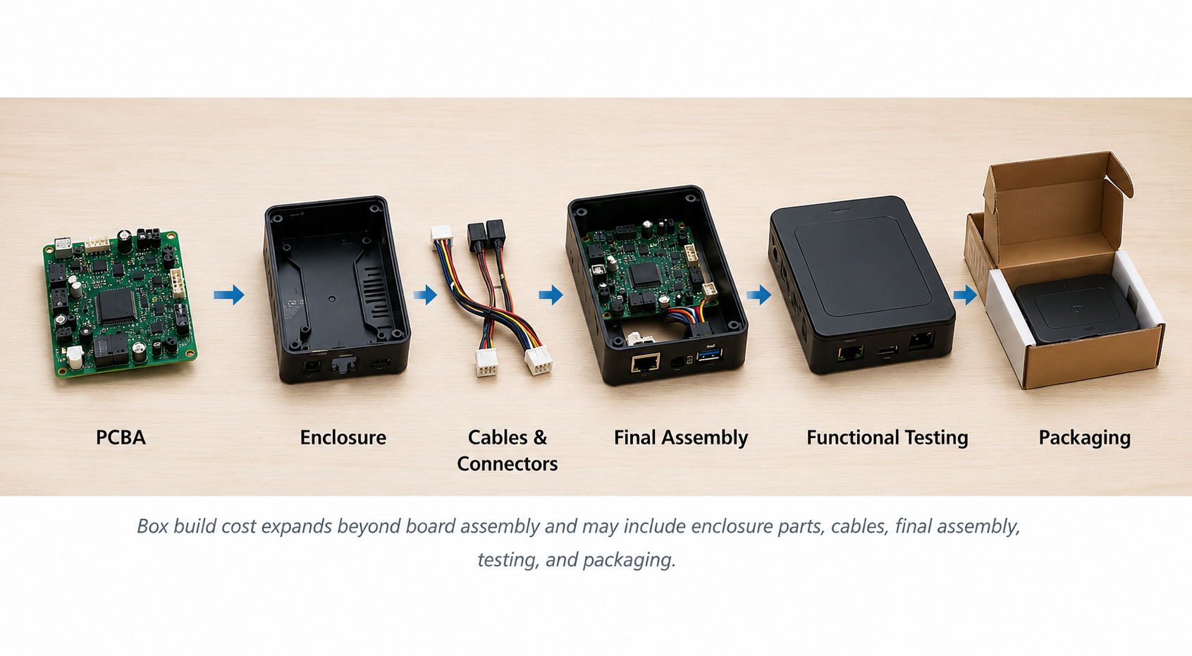 PCBA cost breakdown showing box build cost scope from PCBA to enclosure cables final assembly testing and packaging
