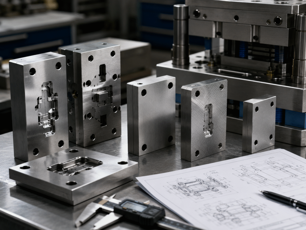 Plastic injection mold steel selection with mold inserts and engineering drawing