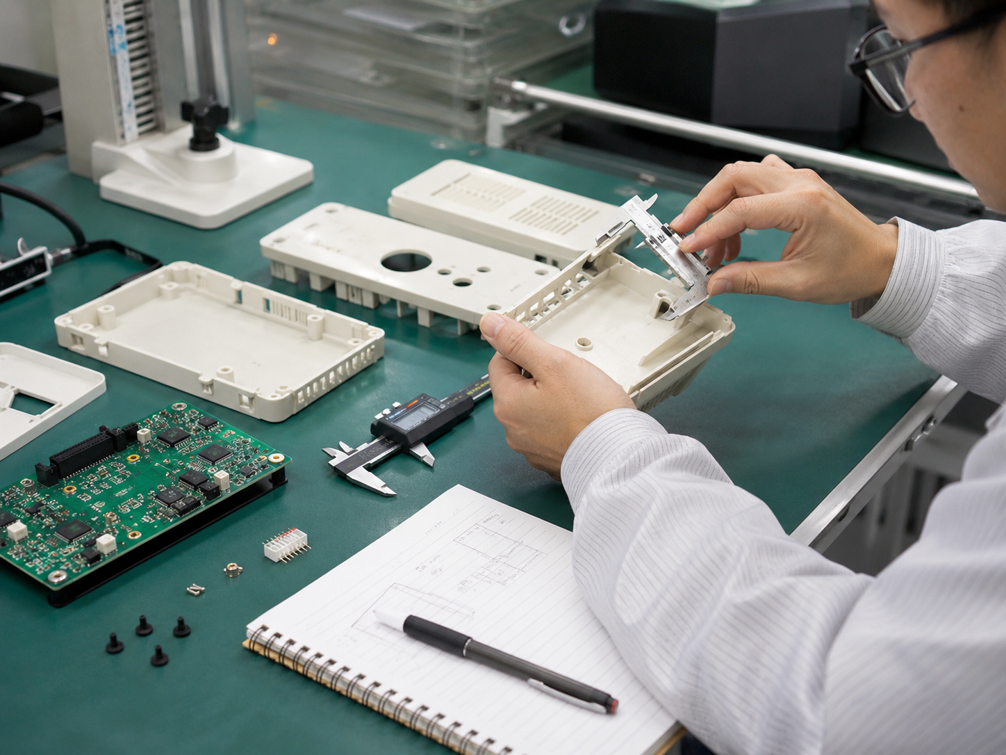 Rapid prototyping sample with PCB, enclosure, and validation parts