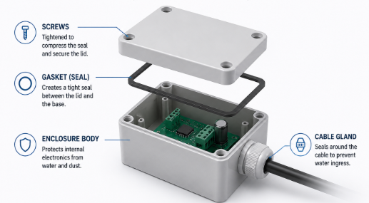 Waterproof electronic enclosure cross-section showing gasket, plastic housing, screw boss, and PCB placement