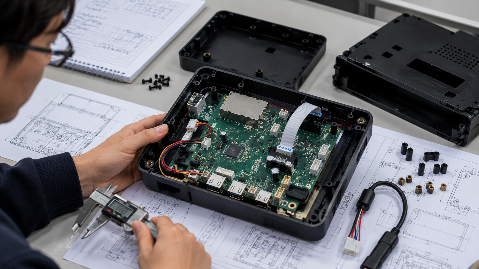 Design for assembly checklist review of PCB, enclosure, wiring, and electronic product components