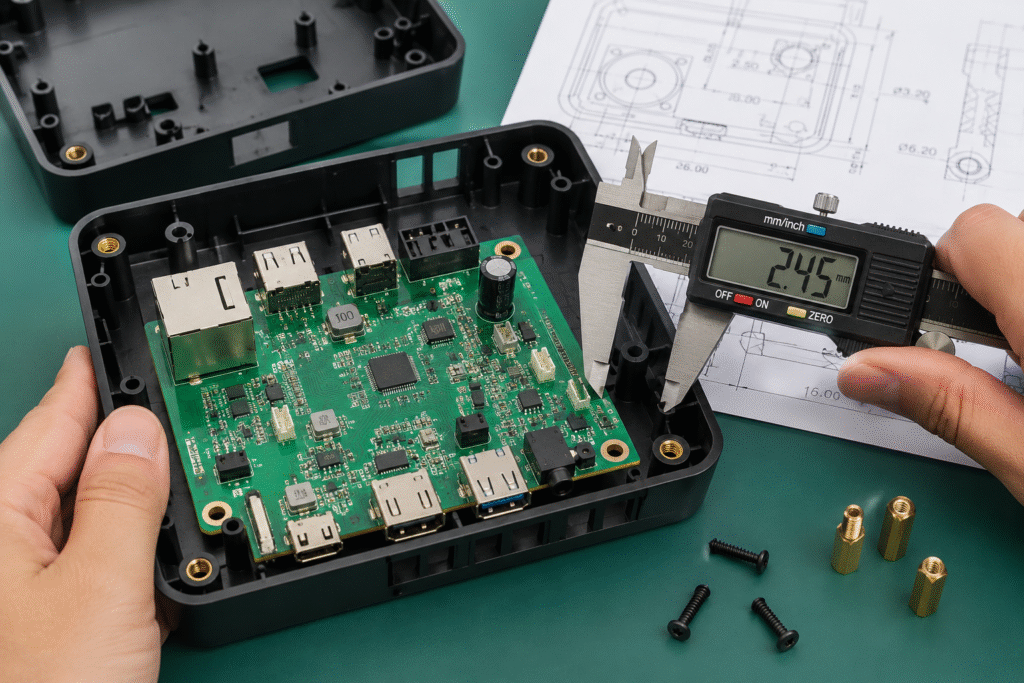 Design for assembly checklist showing PCB enclosure clearance and mounting alignment review