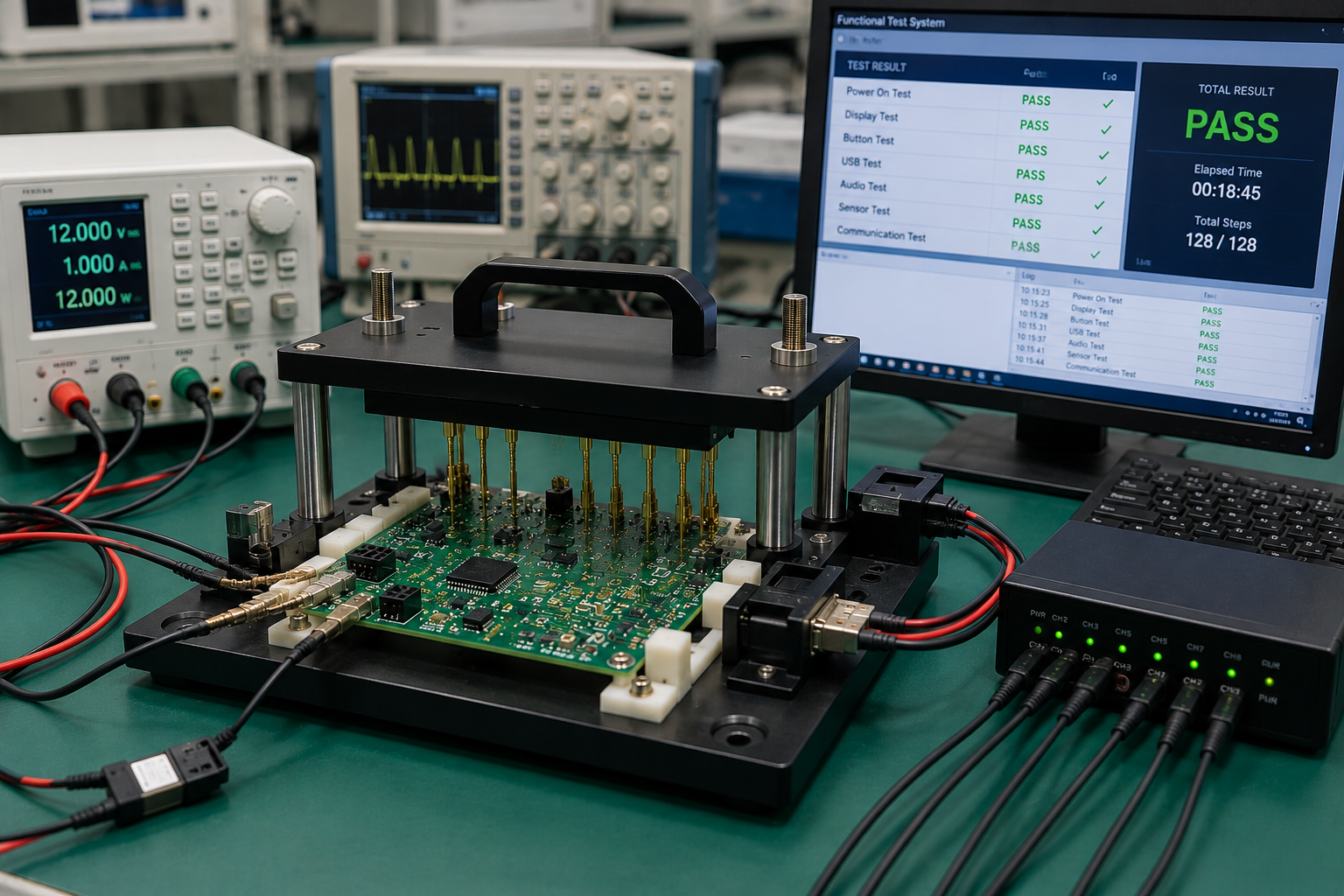 Functional test fixture design for electronic product testing and quality control