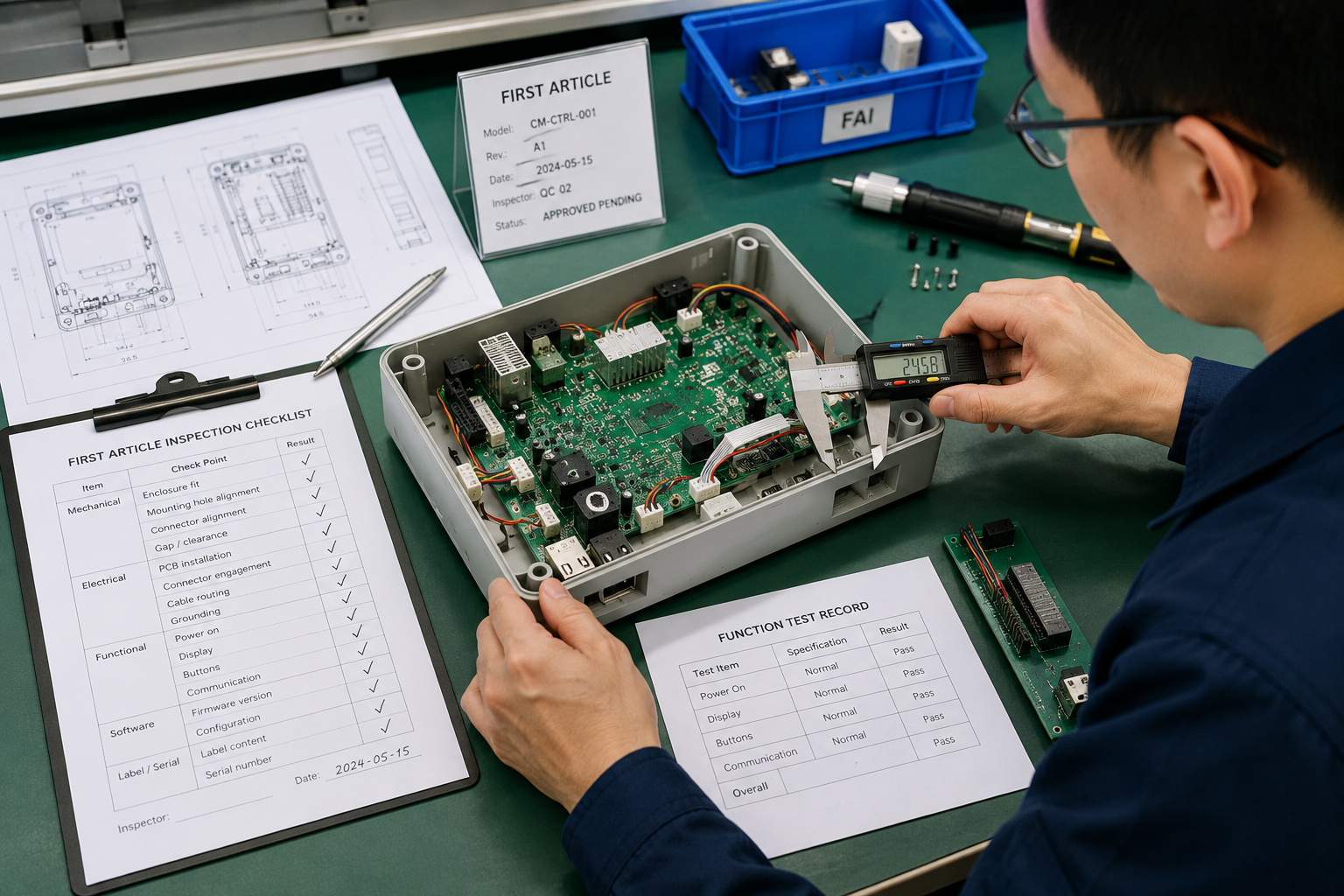 Quality control in electronics manufacturing during first article inspection of PCBA and enclosure assembly