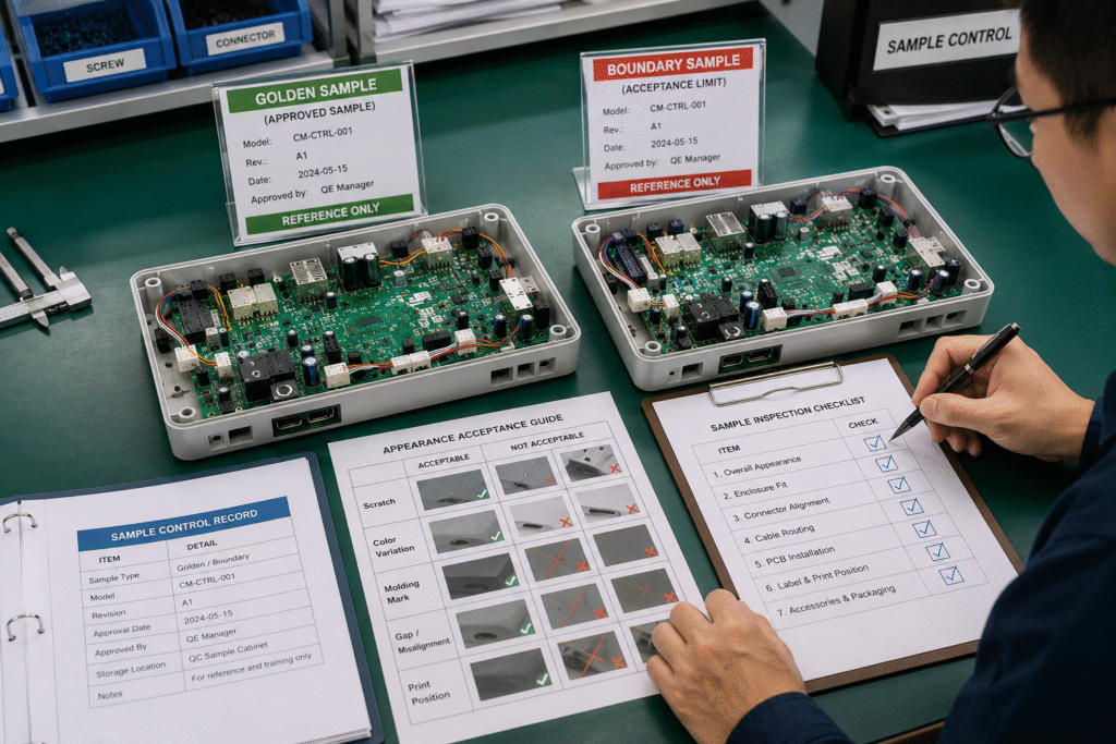 Quality control in electronics manufacturing using golden samples and boundary samples for product inspection