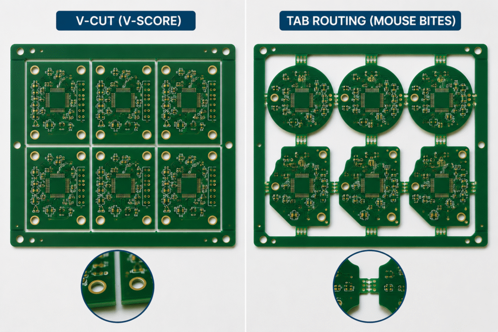 PCB panelization guide comparing V-Cut and tab routing for SMT assembly