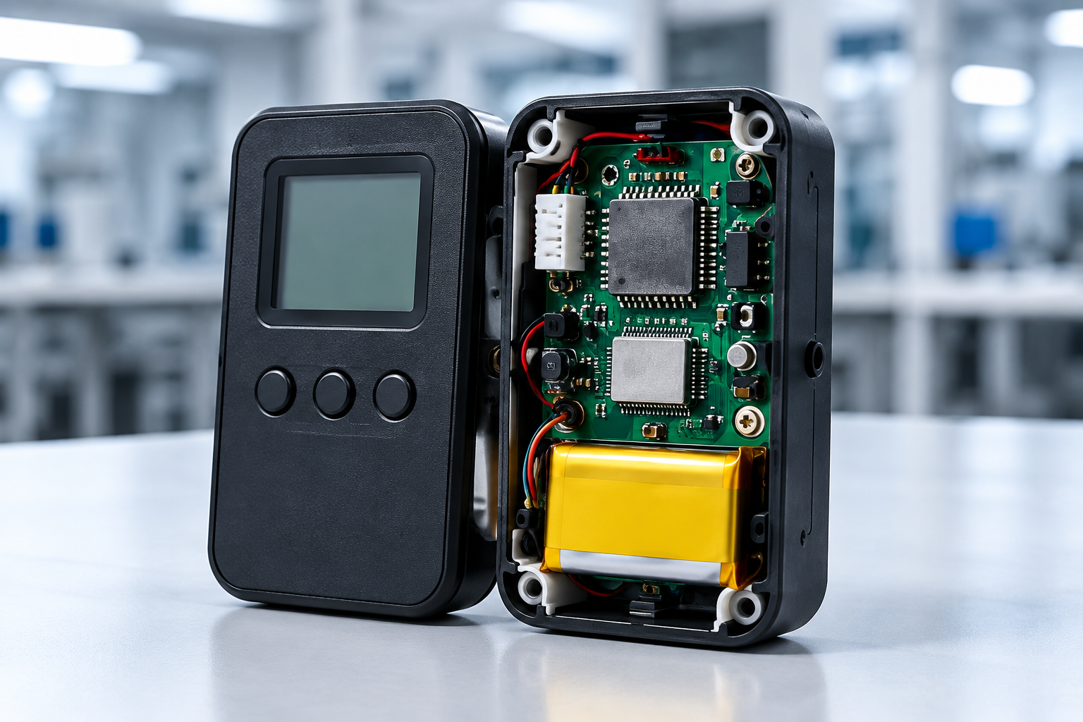 Custom electronic product with internal PCBA, display, battery, and plastic enclosure