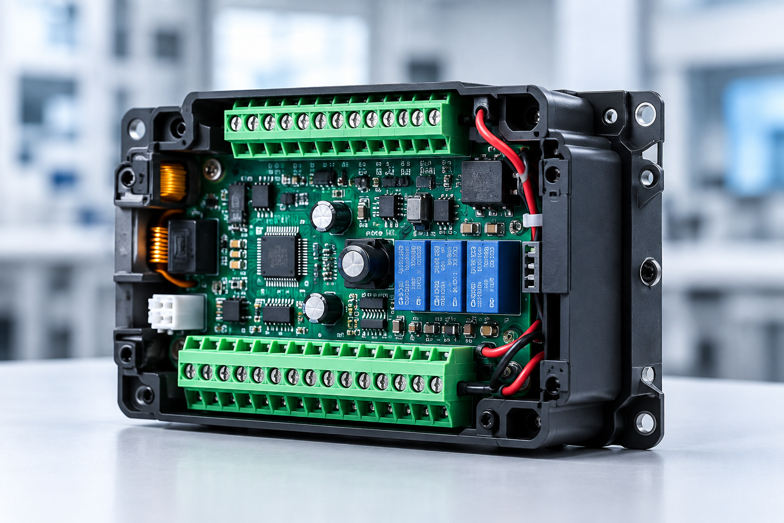 Industrial control module with PCBA, terminal blocks, wiring, and plastic enclosure