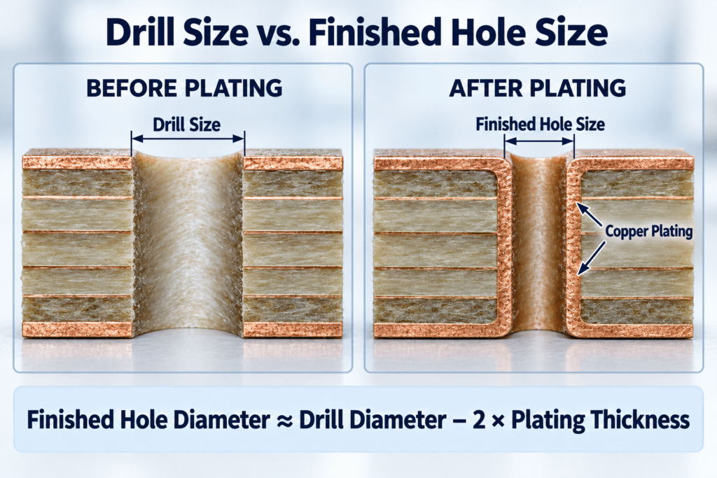 Realistic PCB cross-section showing drill size and finished hole size after copper plating