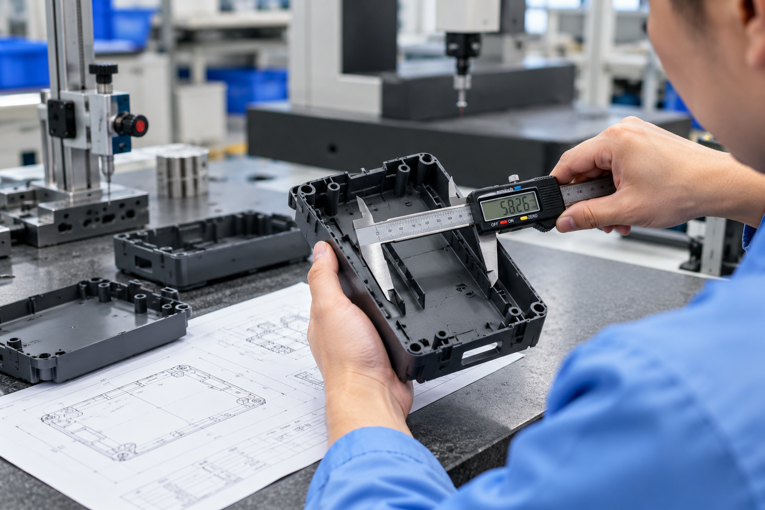 Injection mold cost factors during dimensional inspection of a plastic enclosure