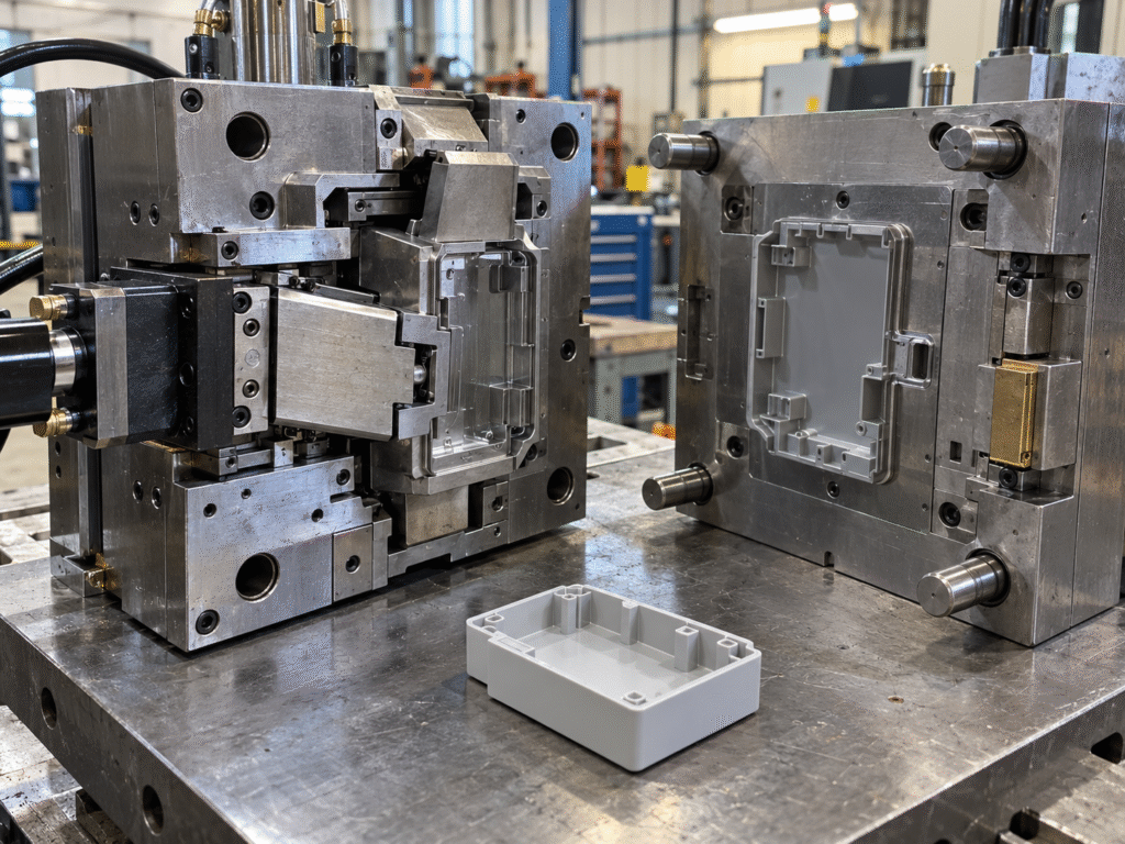 Injection mold cost example with side slider structure for an undercut plastic enclosure