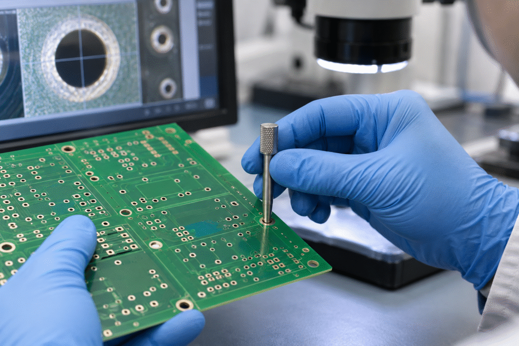 Technician inspecting PCB finished hole size with a calibrated pin gauge