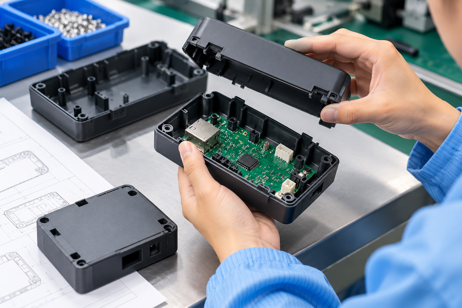 Plastic enclosure design assembly fit check with PCB and internal components