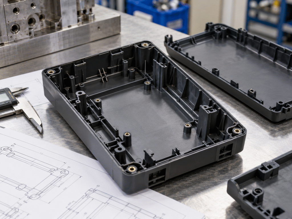 Plastic enclosure design showing internal ribs and screw bosses