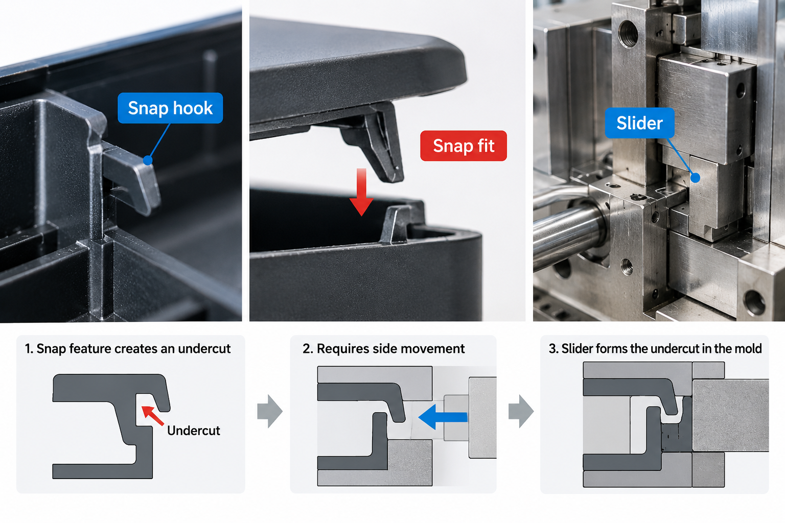 Plastic enclosure design showing snap fit undercut and slider mold structure