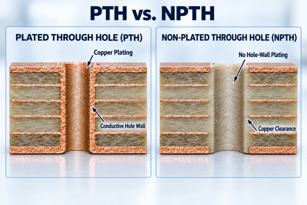 Realistic cross-section comparison of plated and non-plated PCB through holes