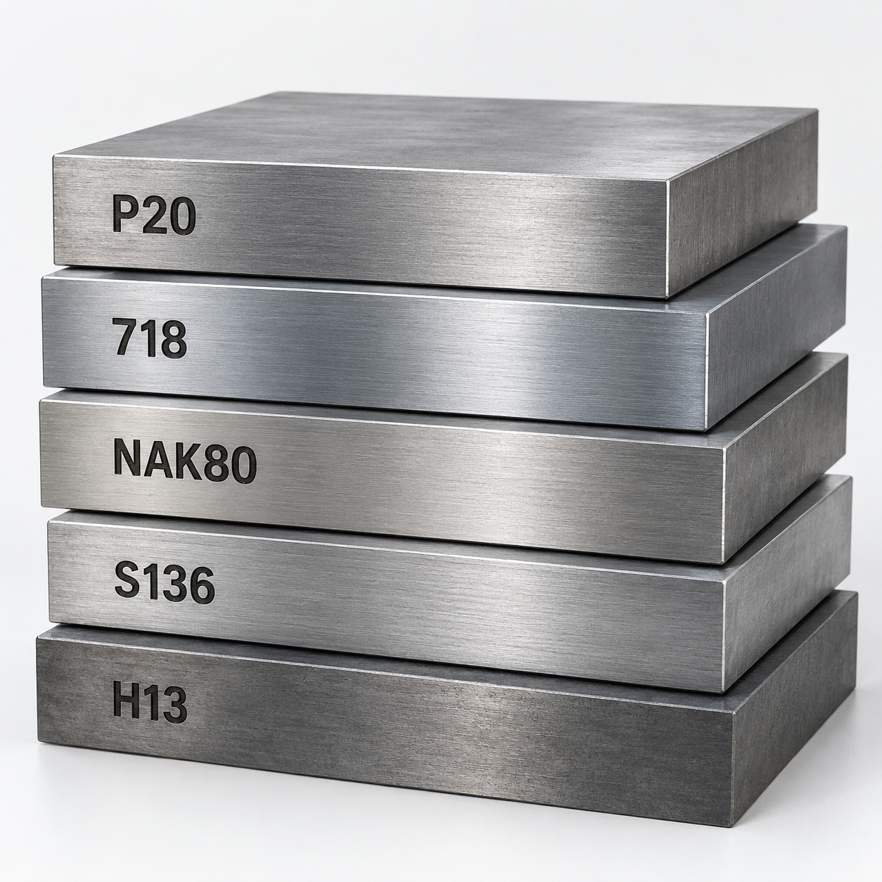 Mold steel grades including P20, 718, NAK80, S136 and H13