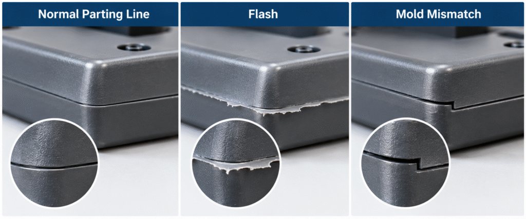 Injection molding parting line, flash, and mold mismatch comparison