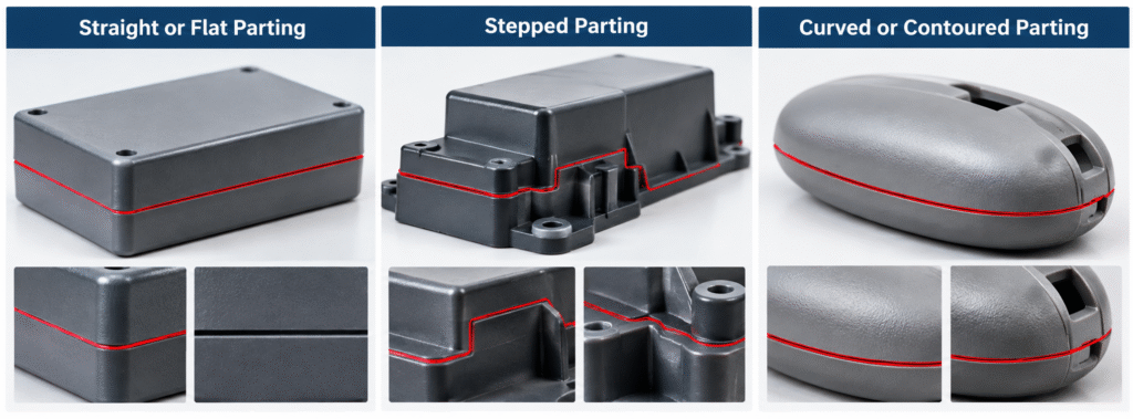 Straight, stepped, and curved injection molding parting line examples