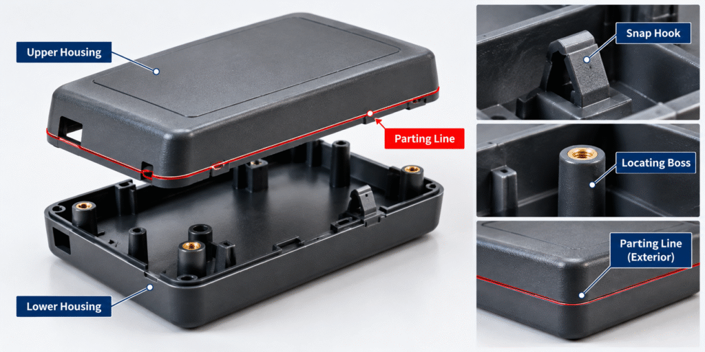 Plastic housing injection molding parting line with snap hook and locating boss